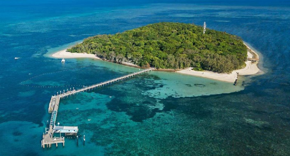 Aerial view of Wunyami/Green Island and its jetty surrounded by turquoise reef waters